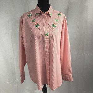 Medium Christmas blouse striped red white embroidered designs collared buttons